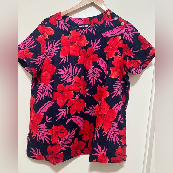 Lands End Hawaiian Shirt Blouse Size M Linen Multicolor Floral Short Sleeve. - Picture 3 of 8